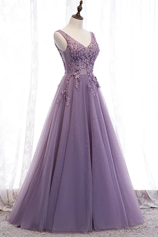 Tulle A Line Purple Beaded Prom Dress with Appliques
