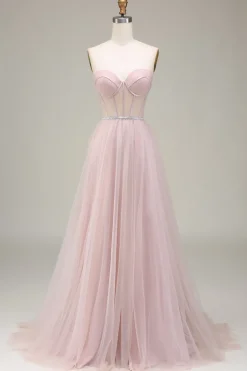 Tulle A Line Strapless Light Pink Corset Prom Dress