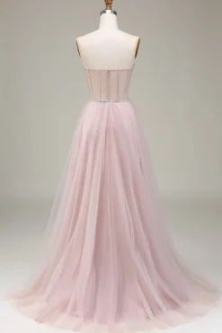 Tulle A Line Strapless Light Pink Corset Prom Dress