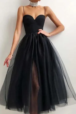 Tulle A-line Midi Simple Prom Dress