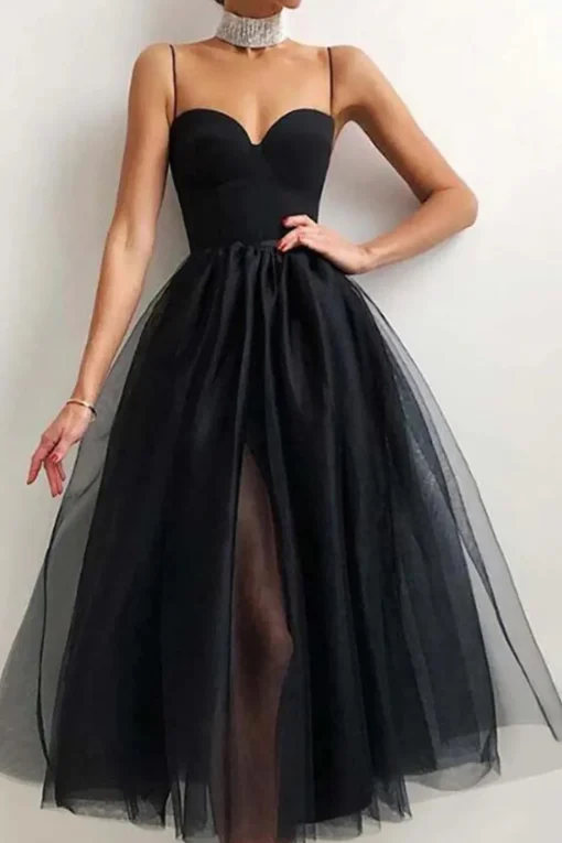 Tulle A-line Midi Simple Prom Dress