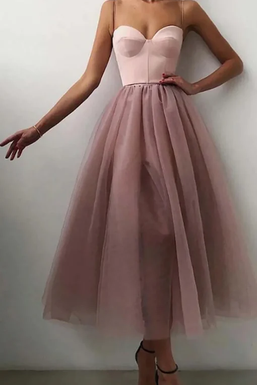 Tulle A-line Midi Simple Prom Dress