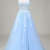Tulle A-Line Spaghetti Straps Sky Blue Prom Dress with Appliques