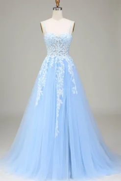 Tulle A-Line Spaghetti Straps Sky Blue Prom Dress with Appliques