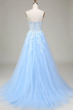 Tulle A-Line Spaghetti Straps Sky Blue Prom Dress with Appliques