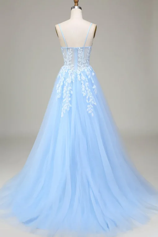 Tulle A-Line Spaghetti Straps Sky Blue Prom Dress with Appliques