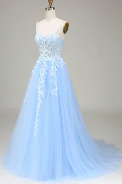 Tulle A-Line Spaghetti Straps Sky Blue Prom Dress with Appliques