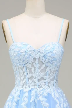 Tulle A-Line Spaghetti Straps Sky Blue Prom Dress with Appliques