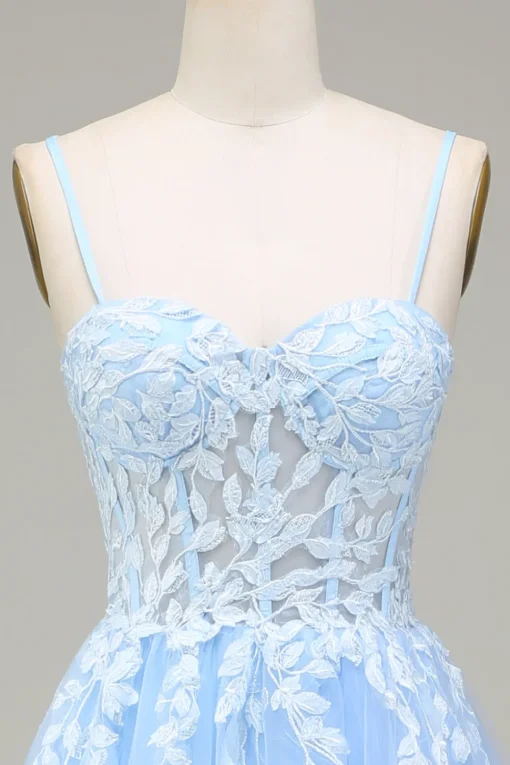 Tulle A-Line Spaghetti Straps Sky Blue Prom Dress with Appliques