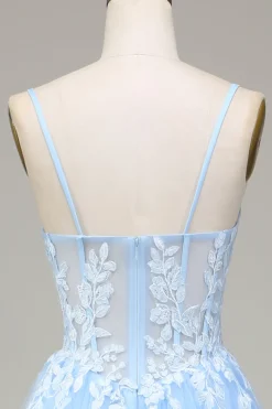 Tulle A-Line Spaghetti Straps Sky Blue Prom Dress with Appliques