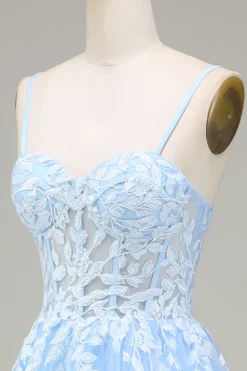 Tulle A-Line Spaghetti Straps Sky Blue Prom Dress with Appliques