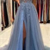Tulle Blue Beading Princess Prom Dress