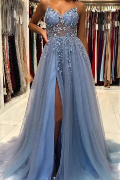 Tulle Blue Beading Princess Prom Dress