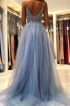 Tulle Blue Beading Princess Prom Dress