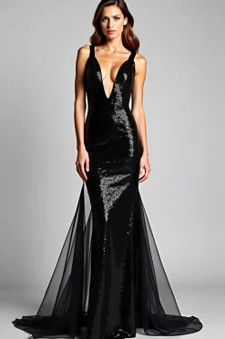 Tulle Mermaid Slit Long Spaghetti Straps Black Tie Dress