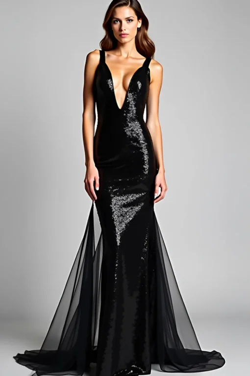 Tulle Mermaid Slit Long Spaghetti Straps Black Tie Dress