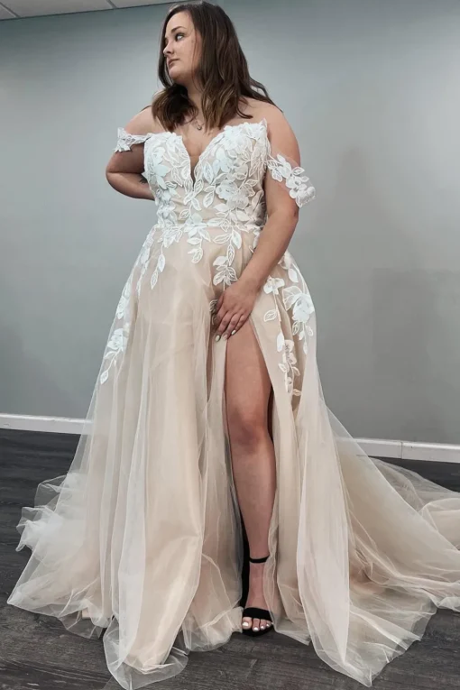 Tulle Off The Shoulder Ivory Long Plus Size Wedding Dress with Appliques