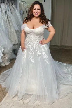 Tulle Off The Shoulder White Long Plus Size Wedding Dress with Appliques