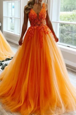 Tulle Orange Princess Prom Dress with Appliques