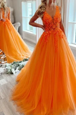 Tulle Orange Princess Prom Dress with Appliques