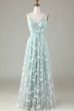 Tulle Spaghetti Straps Matcha Bridesmaid Dress with Appliques
