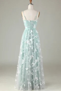 Tulle Spaghetti Straps Matcha Bridesmaid Dress with Appliques