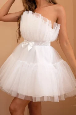 Tulle Strapless White Graduation Dress