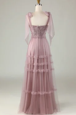 Tulle V-Neck Dusty Pink Bridesmaid Dress with Beading