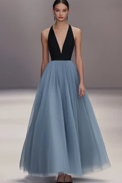 V Neck Black Blue Pleated Tulle Long Formal Dress