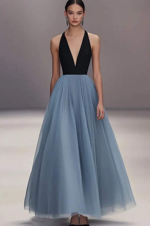 V Neck Black Blue Pleated Tulle Long Formal Dress