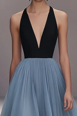 V Neck Black Blue Pleated Tulle Long Formal Dress