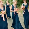V-neck A Line Blue Bridesmaid Dresses with Pleated