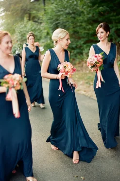 V-neck A Line Blue Bridesmaid Dresses with Pleated
