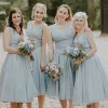 V-neck A Line Blue Chiffon Tea-Length Bridesmaid Dress with Pleated