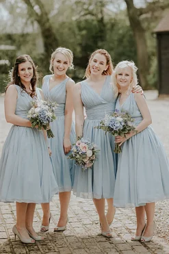 V-neck A Line Blue Chiffon Tea-Length Bridesmaid Dress with Pleated