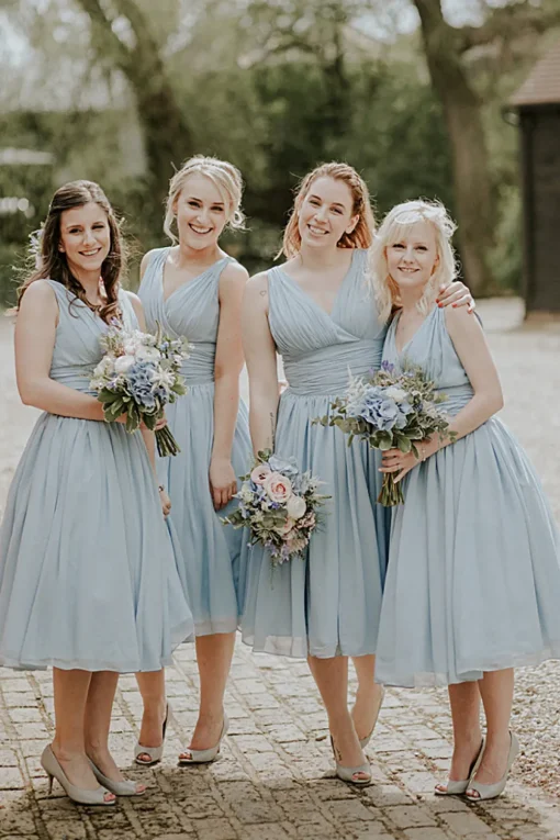 V-neck A Line Blue Chiffon Tea-Length Bridesmaid Dress with Pleated