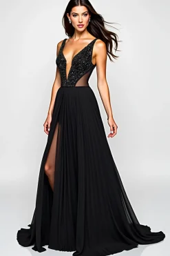 V-Neck Beaded A Line Long Black Tie Dress With Slit