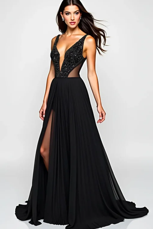 V-Neck Beaded A Line Long Black Tie Dress With Slit