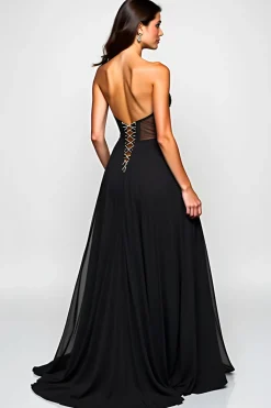 V-Neck Beaded A Line Long Black Tie Dress With Slit