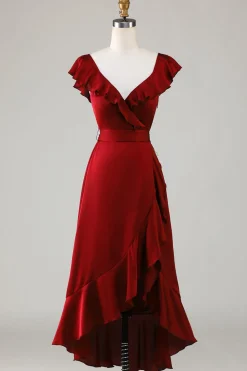 V-Neck Burgundy Bridesmaid Dress with Ruffles