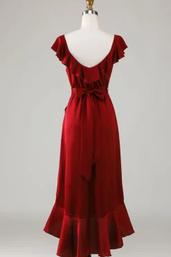V-Neck Burgundy Bridesmaid Dress with Ruffles