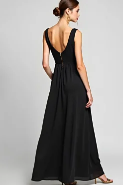 V-Neck Long A Line Black Tie Dress