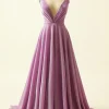V-neck Purple A Line Glitter Prom Dress