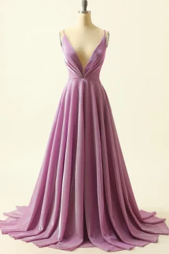 V-neck Purple A Line Glitter Prom Dress