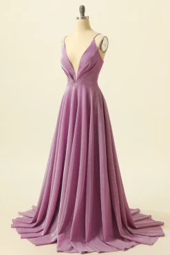 V-neck Purple A Line Glitter Prom Dress