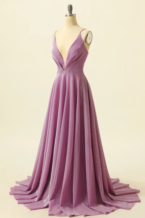 V-neck Purple A Line Glitter Prom Dress
