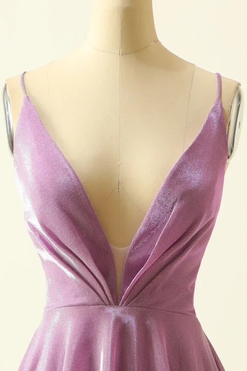 V-neck Purple A Line Glitter Prom Dress