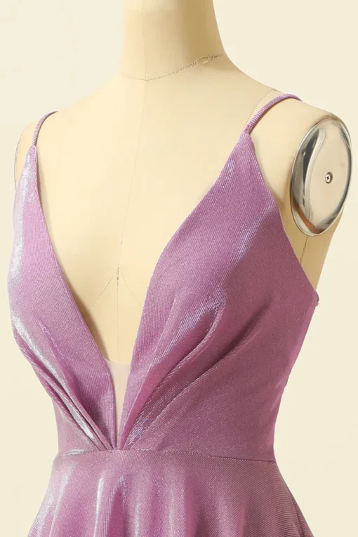 V-neck Purple A Line Glitter Prom Dress