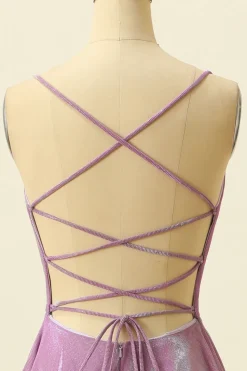 V-neck Purple A Line Glitter Prom Dress