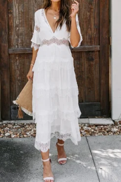 V-Neck Short Sleeves Tea Length White Graduation Dress